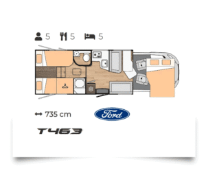 Rzut wnętrza kampera Benimar Tessoro 463 – układ pomieszczeń